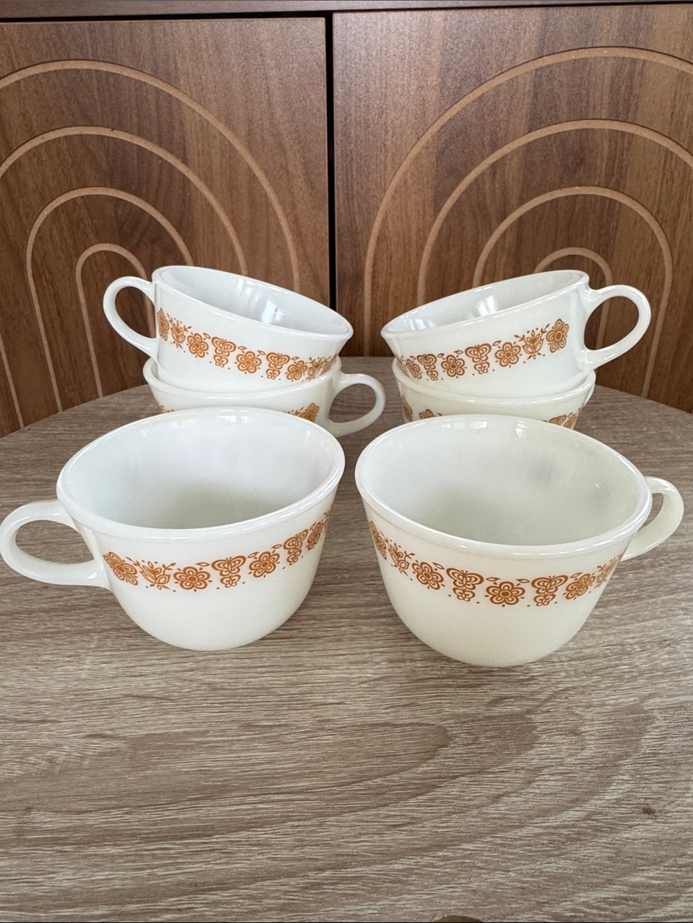 Vintage Pyrex White Milk Glass Mugs Butterfly Gold Pattern- Set of 6